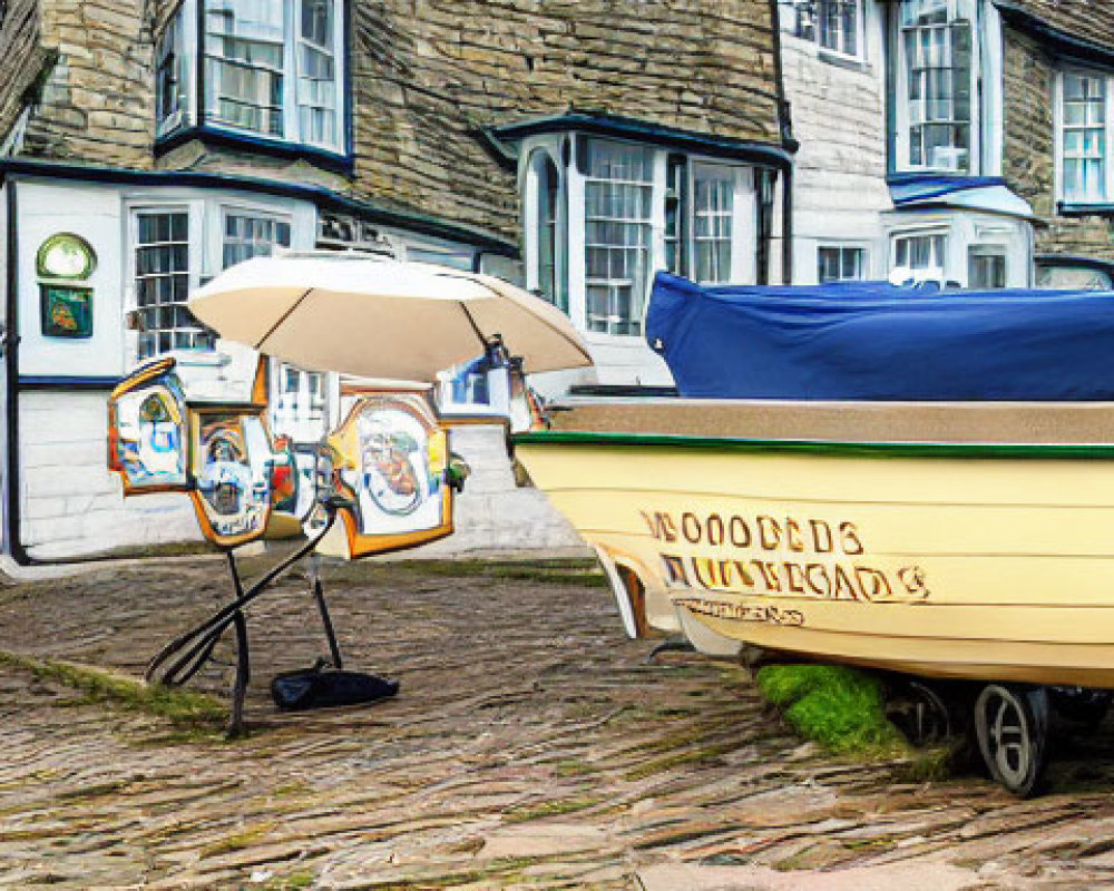 Picturesque cobbled street with yellow boat, colorful parasol, and blue-trimmed houses.