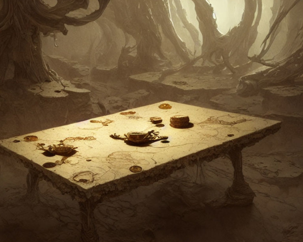 Mystical forest scene with eerie trees and illuminated stone table.