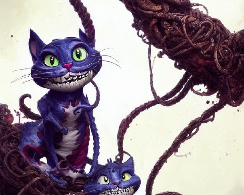 Three Cheshire Cats with mischievous grins on twisted branches, top cat's tail merges with