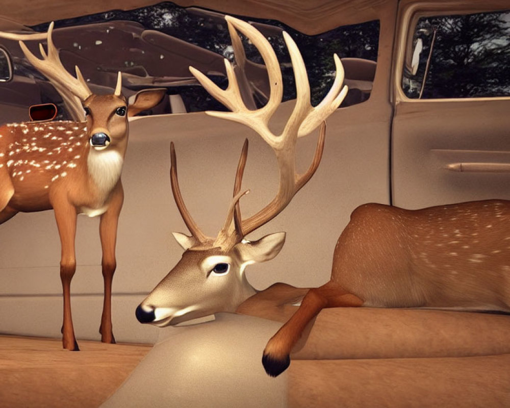 Animated deer with expressive eyes and exaggerated antlers in vehicle