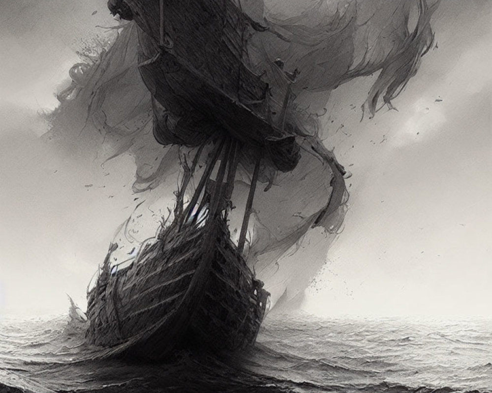 Ghostly Ship with Tattered Sails in Misty Sea & Dark Sky