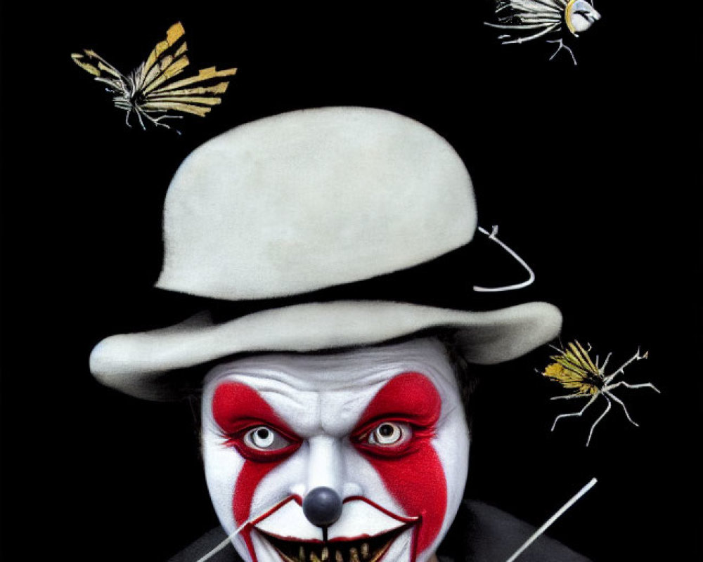 Person with White Face Paint and Bowler Hat Surrounded by Flying Butterflies