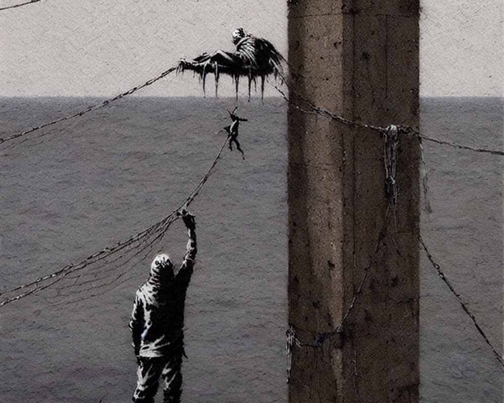 Person under bridge with black and white spray-painted figures of swinging children