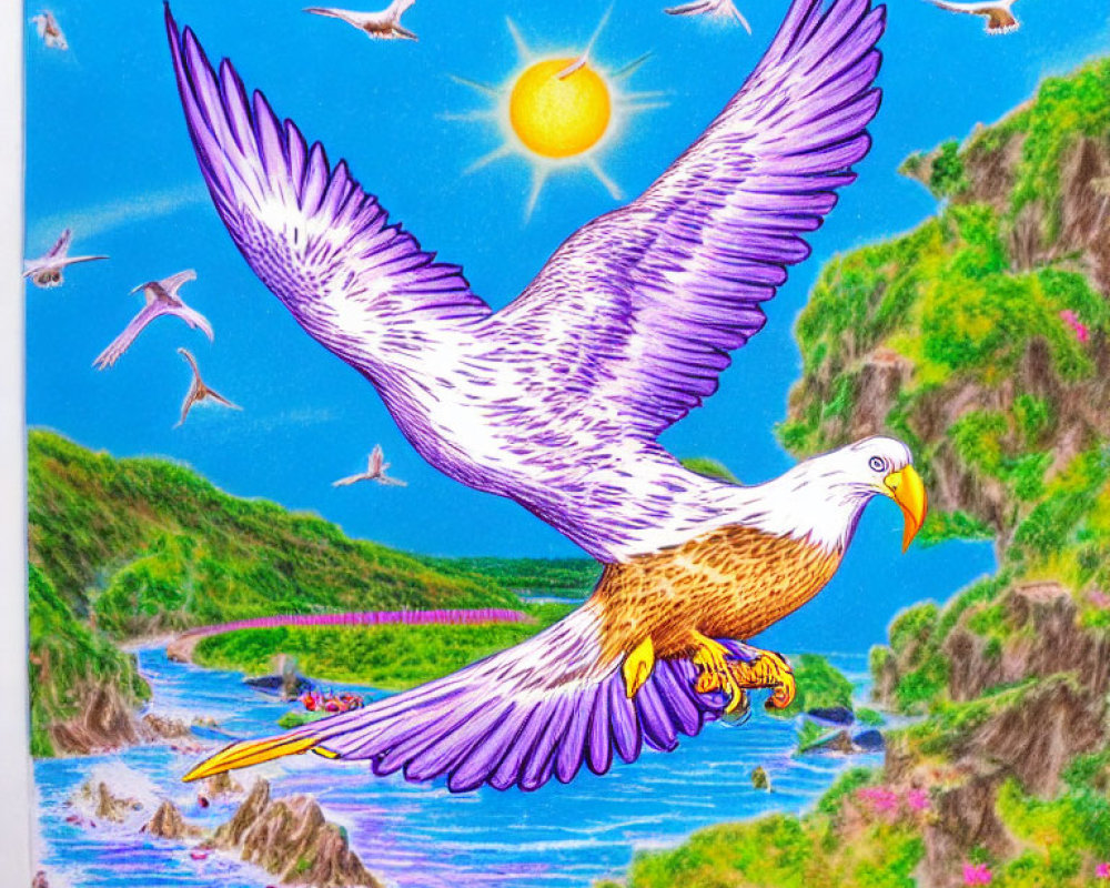 Detailed drawing of eagle in flight with sun, birds, river, and green landscape