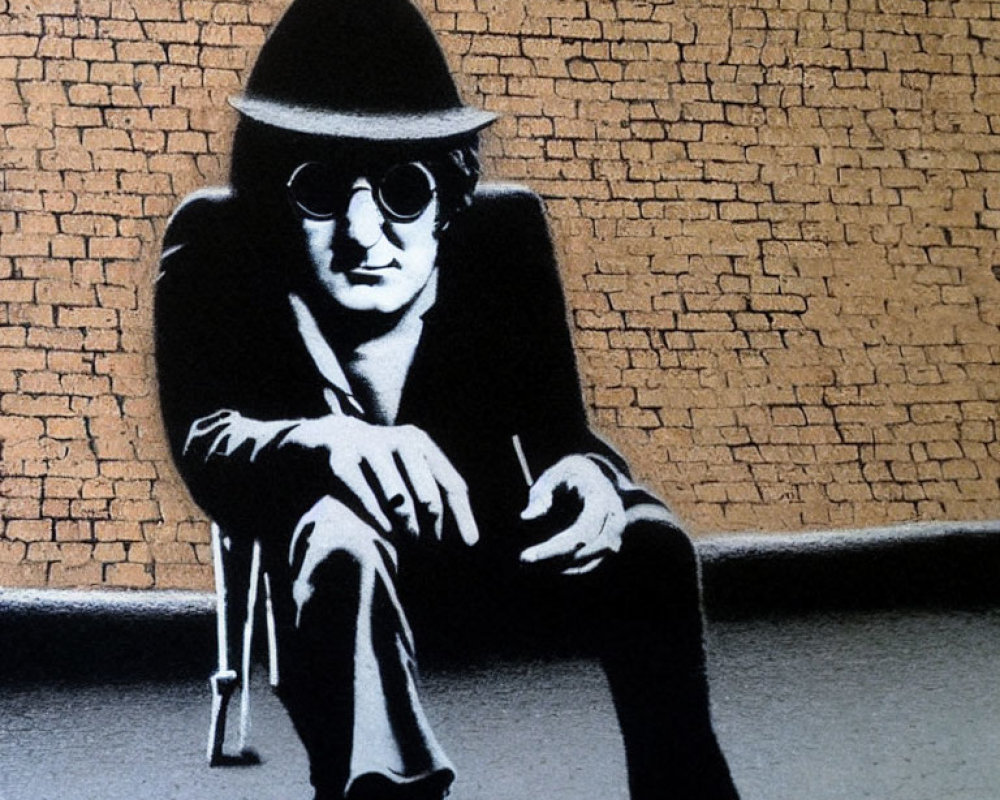 Monochrome graffiti of person in sunglasses and fedora on chair against brick wall