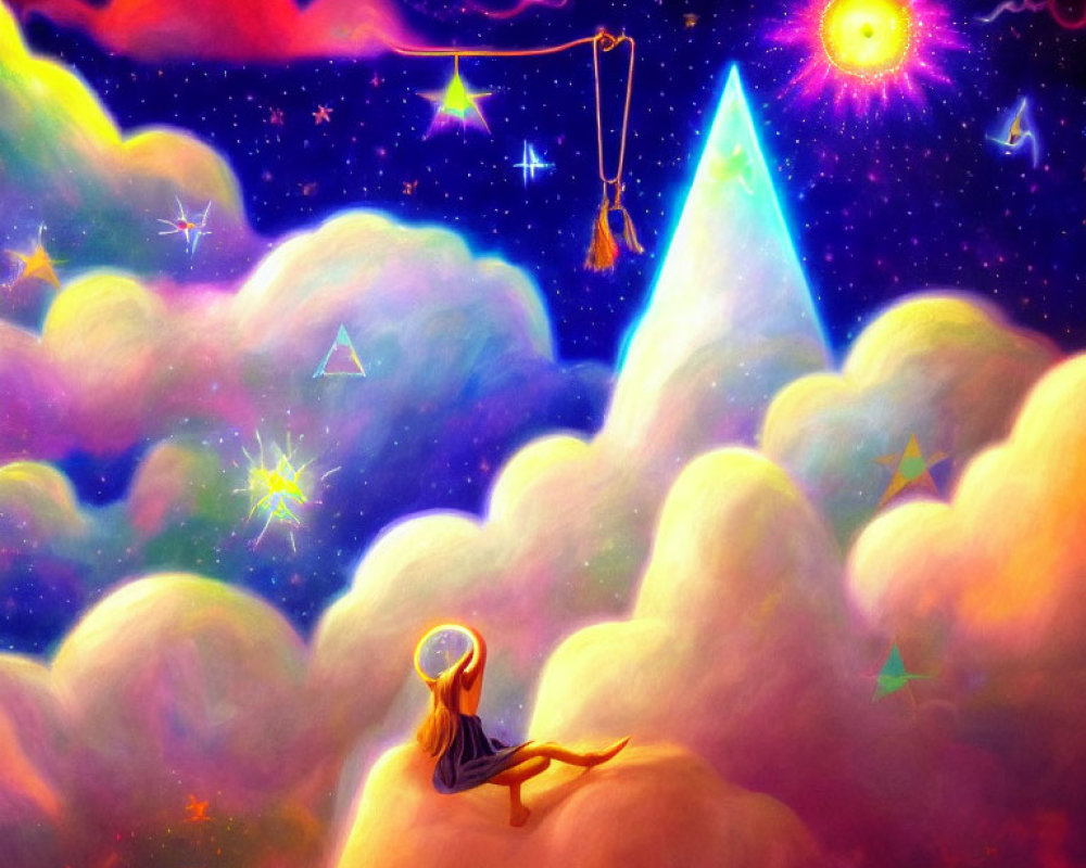 Colorful artwork of person on cloud gazing at vibrant starry sky