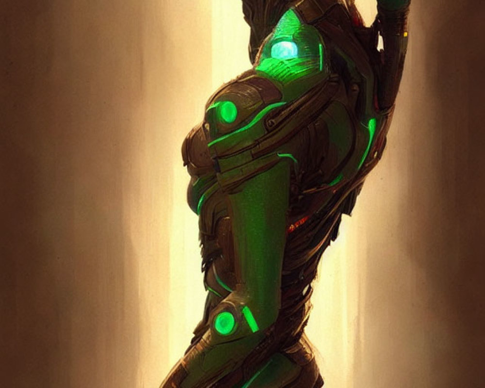 Futuristic elf in green-lit armor on warm background