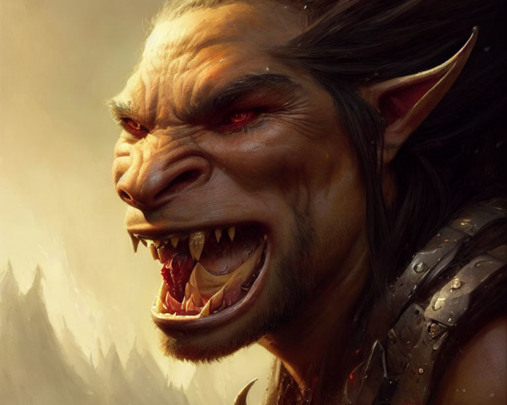 Fierce orc-like creature with sharp teeth in misty mountains