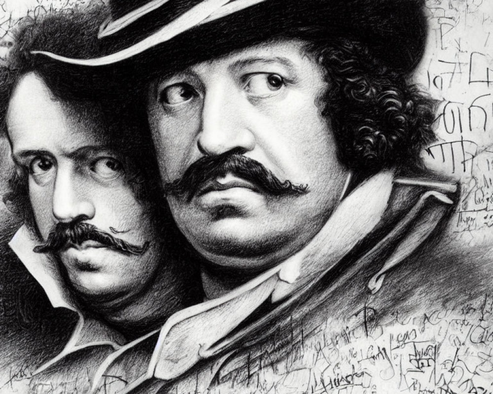 Detailed pencil sketch of two men with hats and mustaches, intricate shading and cursive script background.