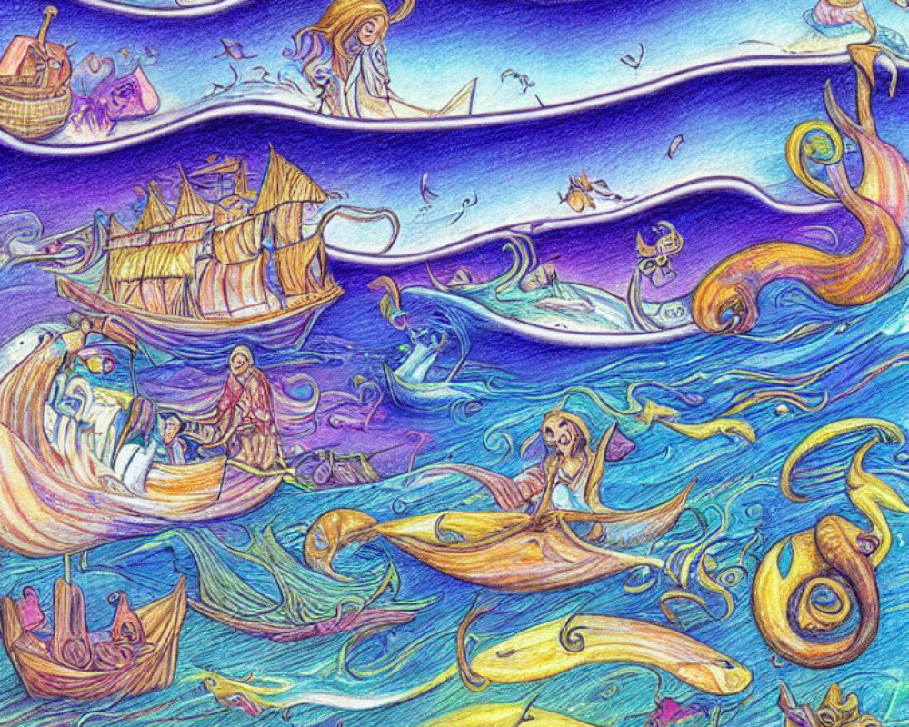 Colorful Sea Life and Boat Scene with Mythical Creatures and Waves