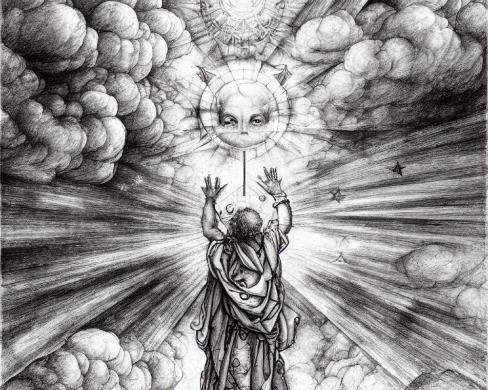 Monochromatic drawing of robed figure reaching towards celestial sun with eye, surrounded by clouds and light