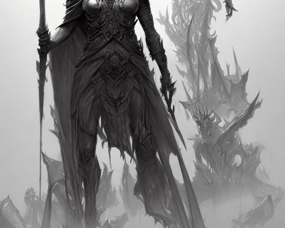 Monochromatic fantasy sketch: Armored figure with staff in intricate armor, backdrop of spired structures