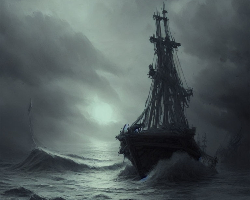 Ghostly galleon sailing on turbulent seas under a bleak, moonlit sky