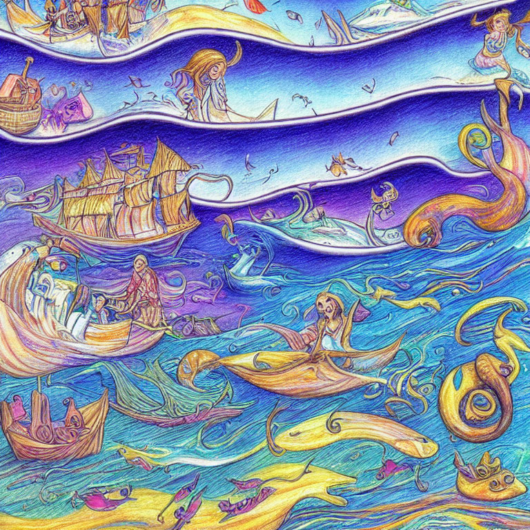 Colorful Sea Life and Boat Scene with Mythical Creatures and Waves