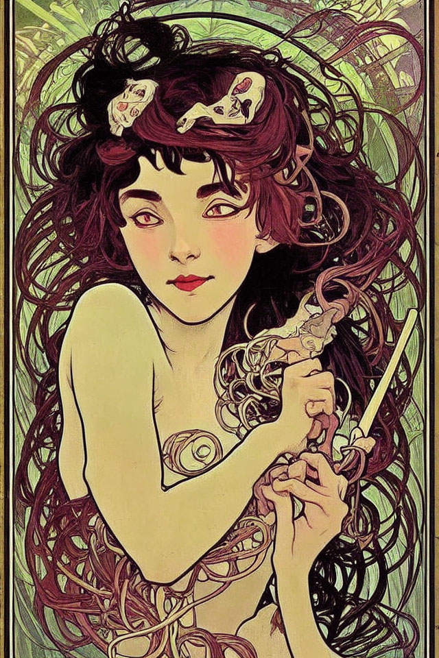 Art Nouveau style illustration of woman with flowing, curly reddish-brown hair and incense stick