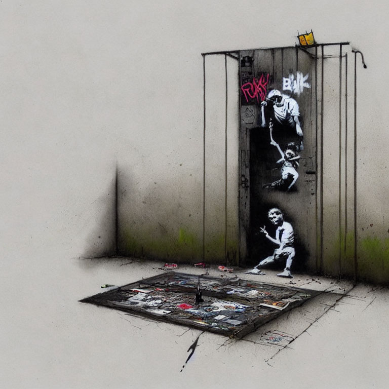 Urban street art: Elevator door graffiti opens to 3D scene of figures amidst litter