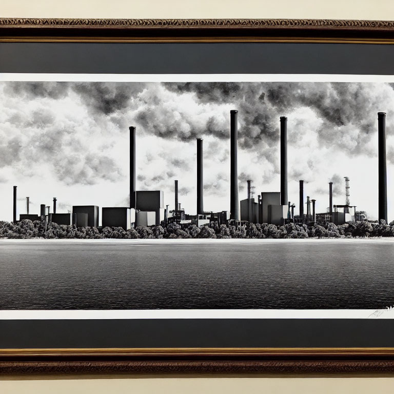 Monochromatic framed artwork of industrial landscape with smokestacks and water reflection