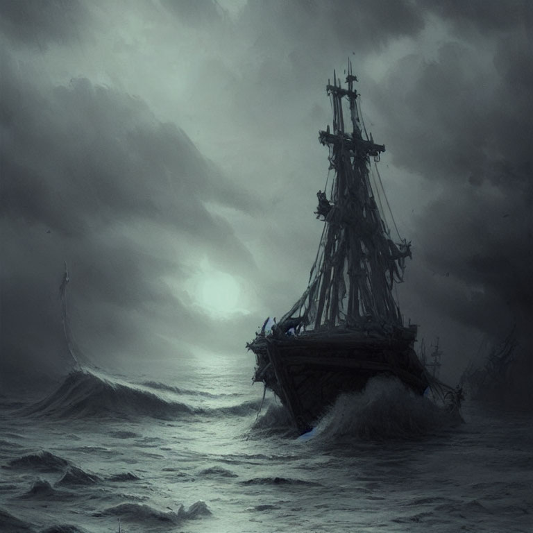 Ghostly galleon sailing on turbulent seas under a bleak, moonlit sky