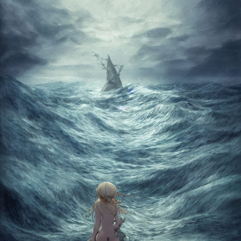 Blonde Girl Watching Ship in Stormy Seas