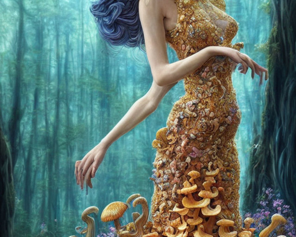 Woman in golden gown with mushroom details in ethereal forest with vibrant purple flora