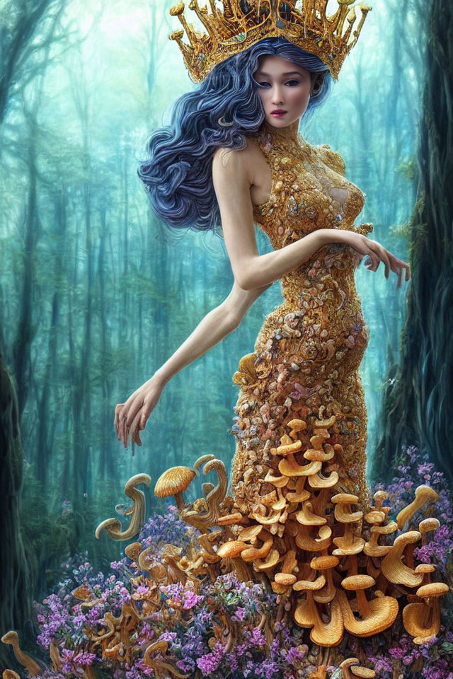 Woman in golden gown with mushroom details in ethereal forest with vibrant purple flora