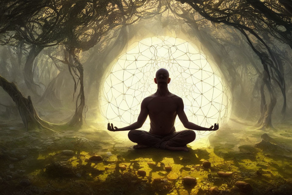 Person meditates in mystical forest with glowing geometric figure and filtered light