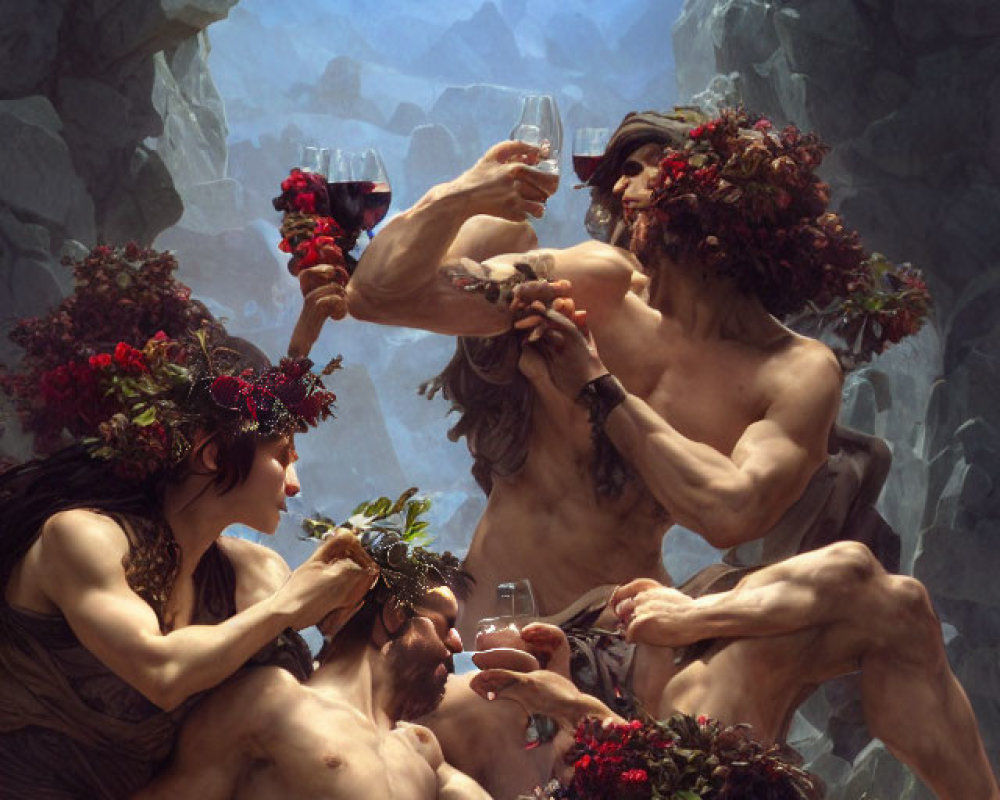 Group of individuals in classical attire celebrating with wine and grapes in sunlit cave