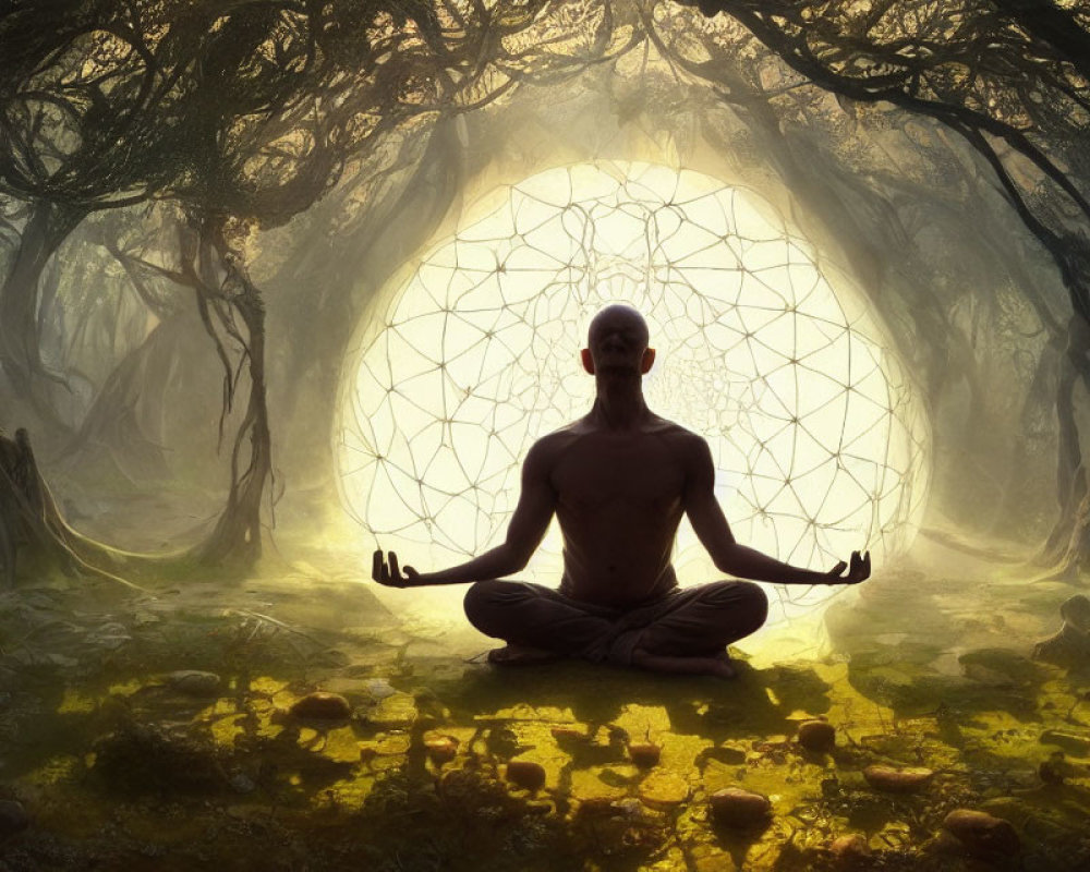 Person meditates in mystical forest with glowing geometric figure and filtered light