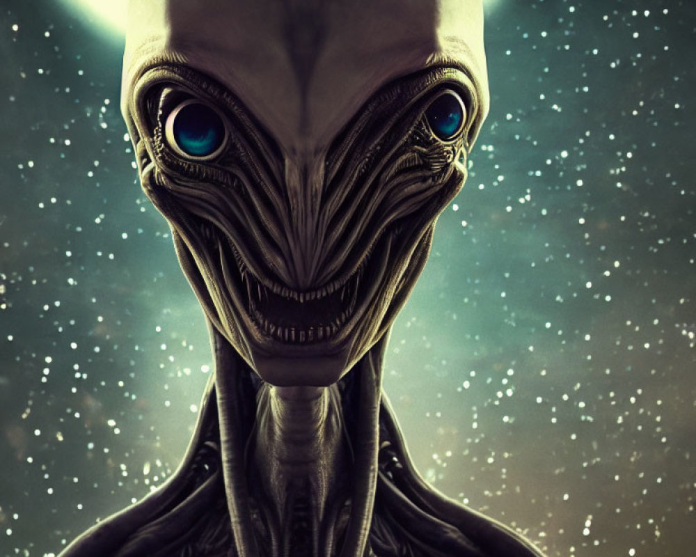 CGI alien with blue eyes and intricate facial textures in cosmic setting