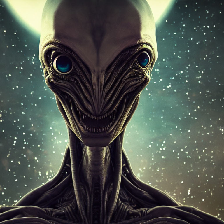 CGI alien with blue eyes and intricate facial textures in cosmic setting