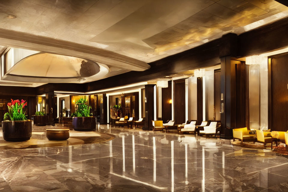 Elegant Hotel Lobby with Marble Floors & Stylish Seating