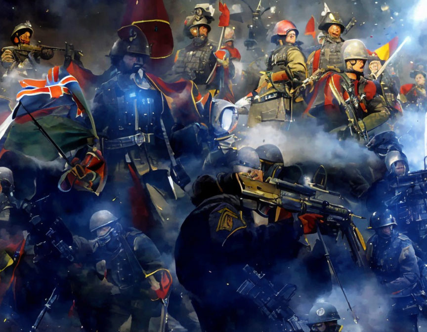 Historical and Modern Military Figures with Flags in Battle Atmosphere