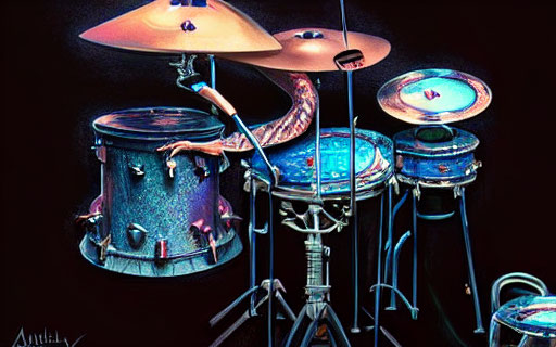 Vibrant Drum Set with Cymbals on Black Background