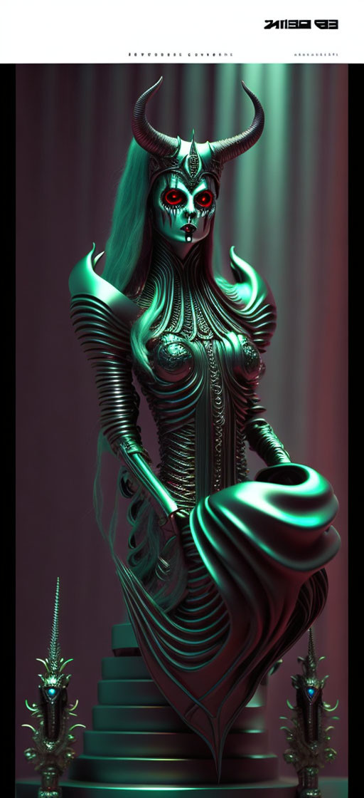 Fantastical female figure with horns in cybernetic armor beside dragon-like creature