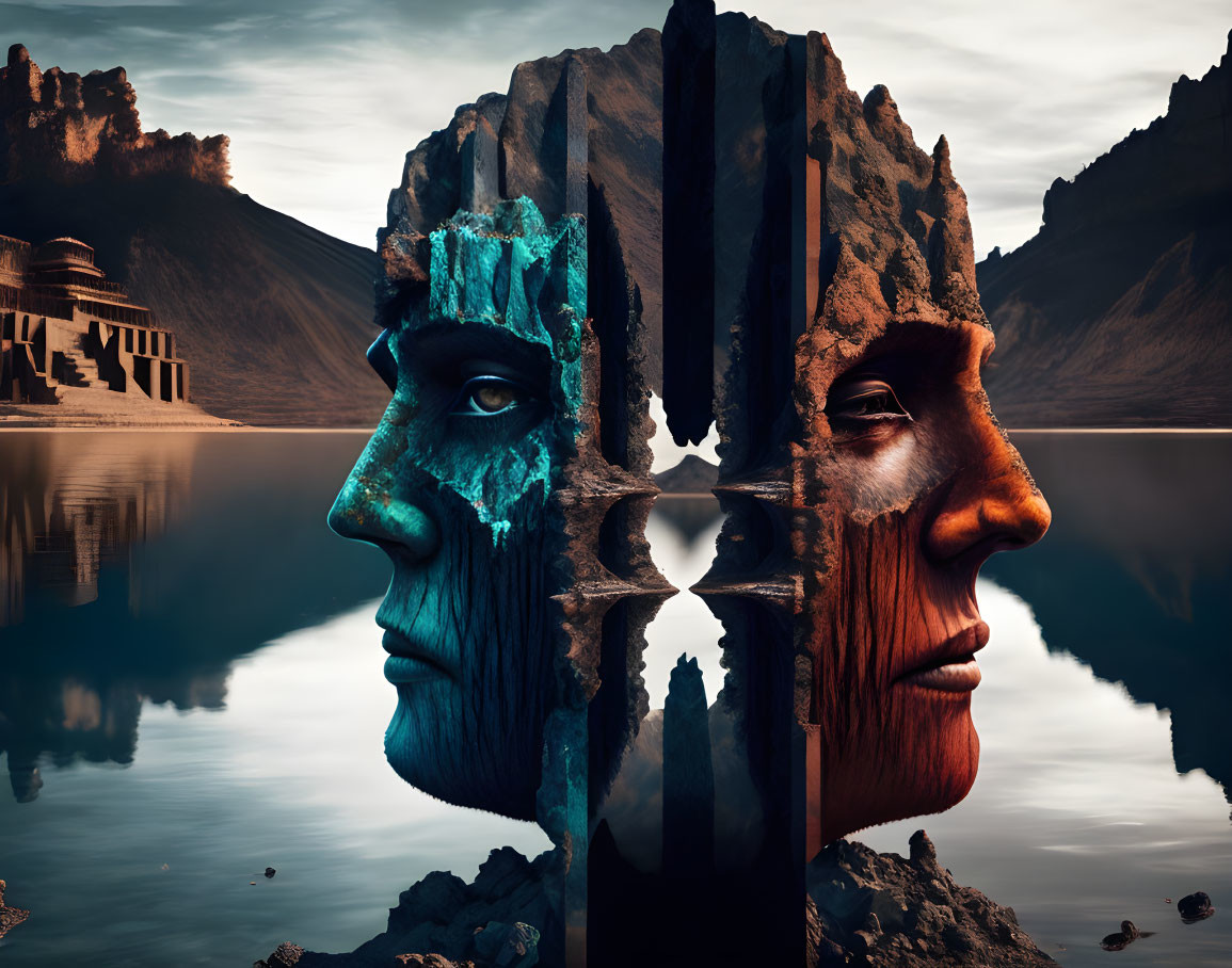 Surreal image: Fragmented faces as rocky structures in water with temple backdrop.