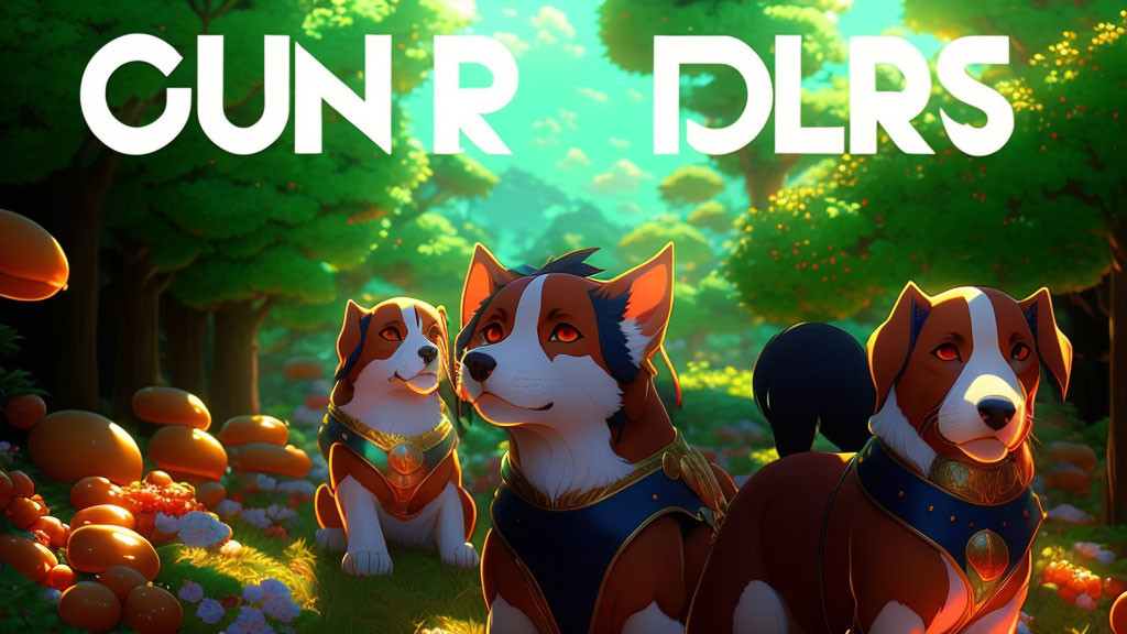 Corgis in magical forest with oversized mushrooms and glowing plants