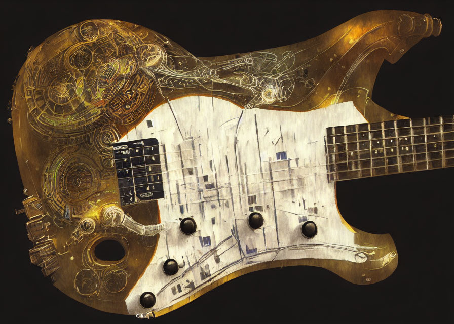 Steampunk-themed electric guitar with intricate metallic designs and clockwork elements