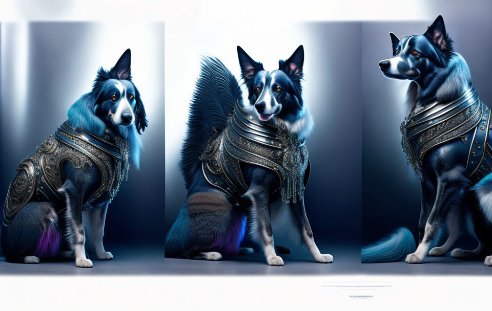 Three dog fantasy armor poses on gradient background