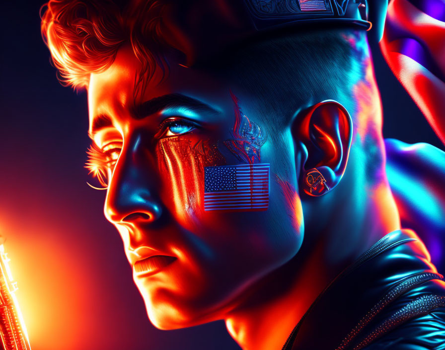 Male figure with American flag face in neon-lit digital portrait