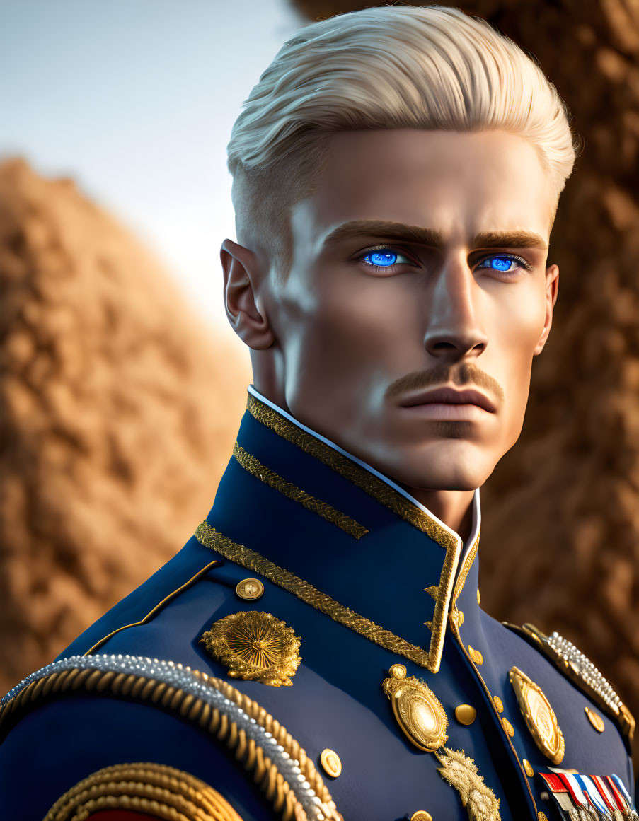 Digital artwork: Man with blue eyes, blond hair, military uniform on rocky background