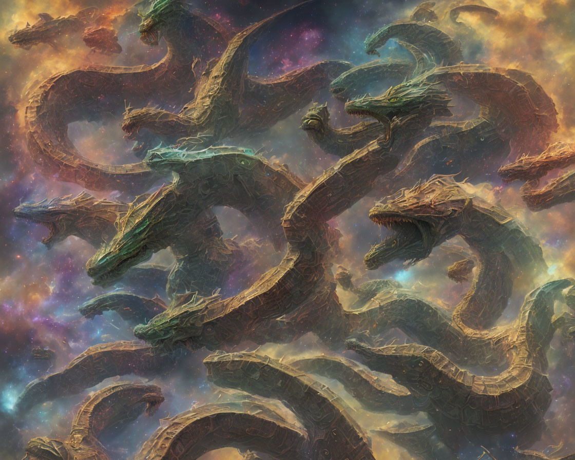 Mythical serpent-like creature in cosmic setting