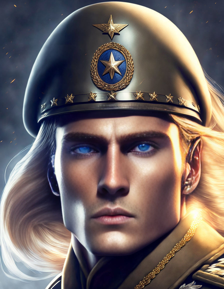 Digital illustration of man in military uniform with blue eyes