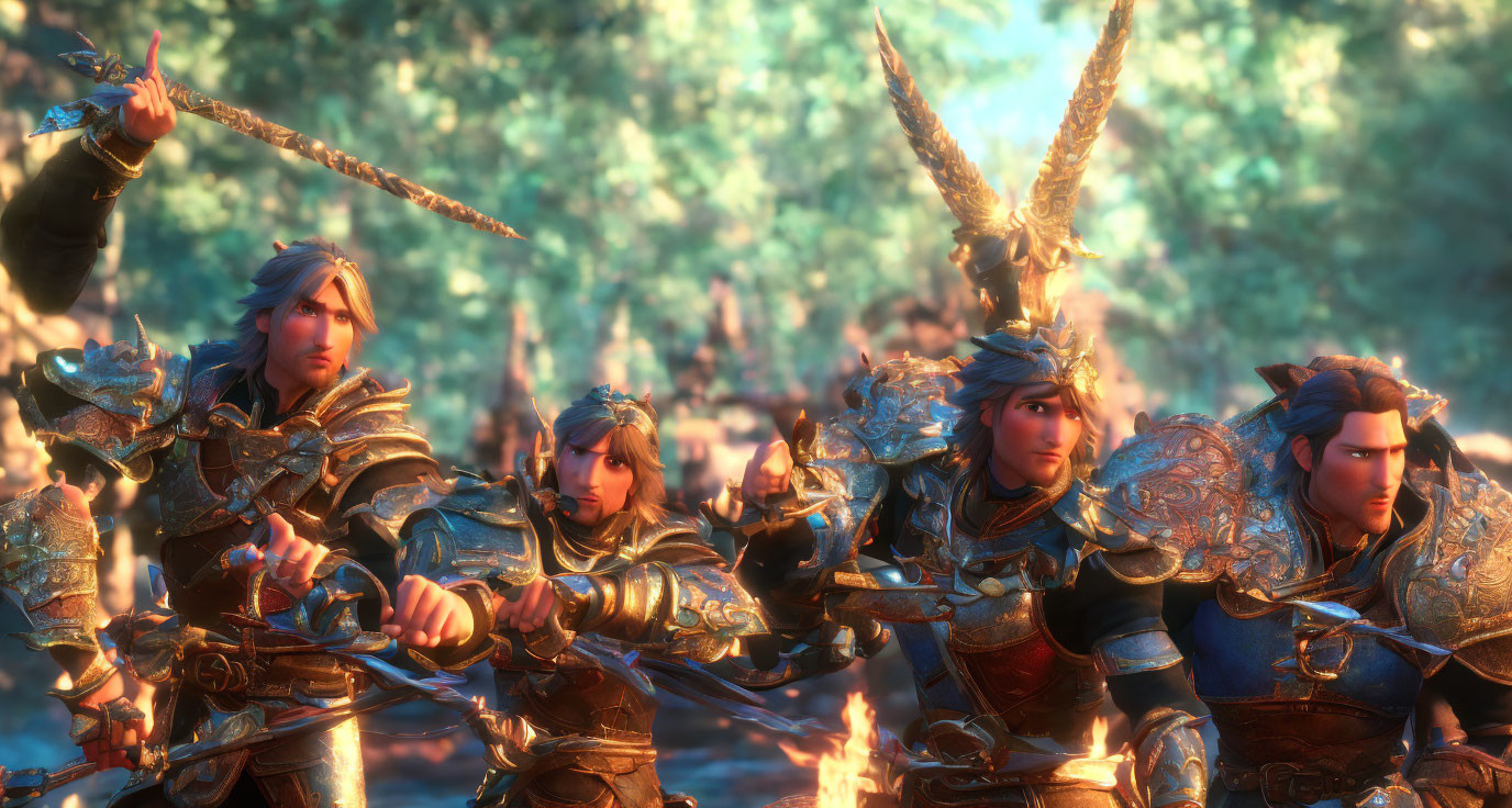 Fantasy characters with swords in forest, backlit by warm glow