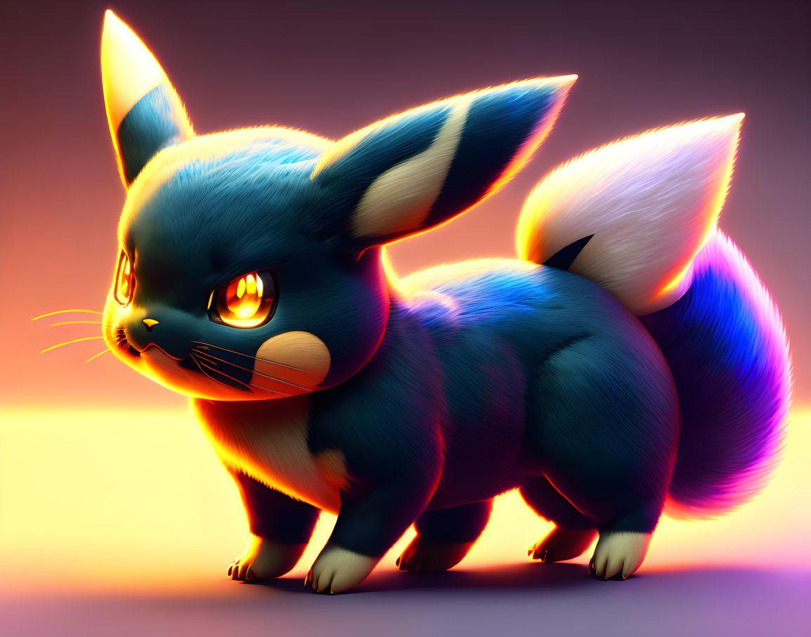 3D illustration of blue and yellow electric rabbit Pokémon