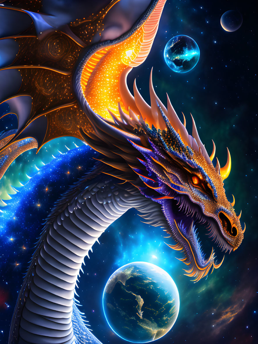 Majestic dragon with orange underbelly and blue scales in cosmic scene