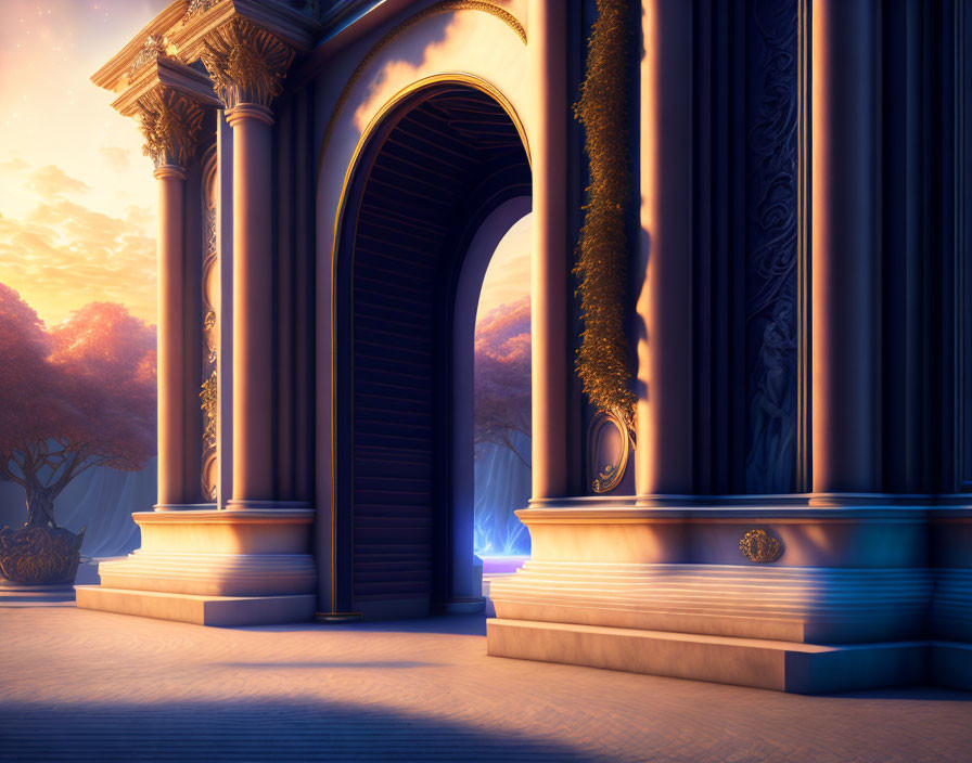 Archway with classical columns and blue portal at twilight