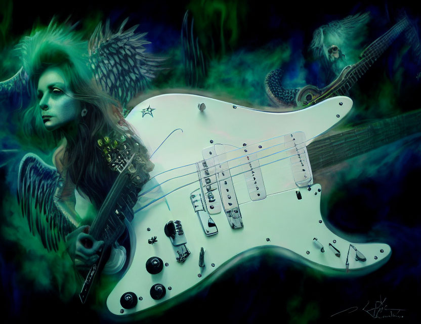 Surreal artwork of woman, owl, and electric guitar in mystical mist