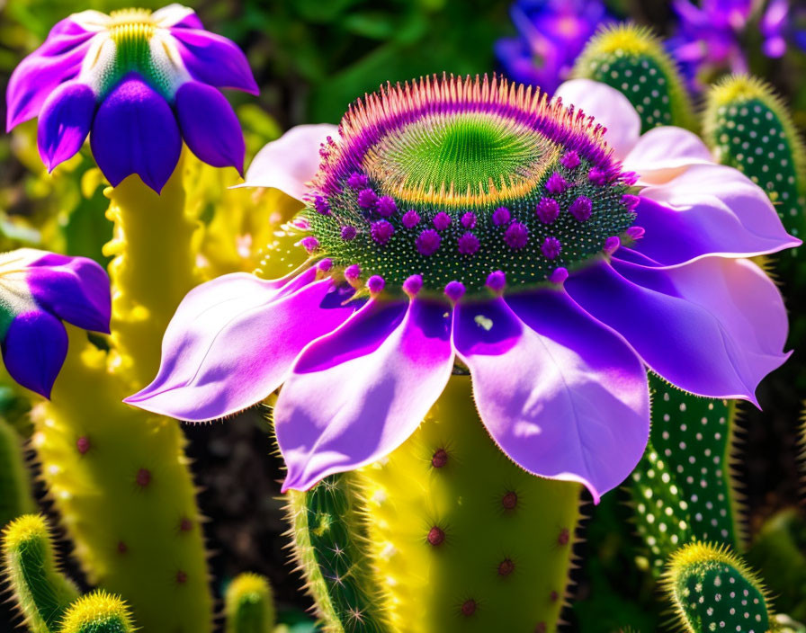 Purple Flowers with Green Centers on Cactus with Yellow Spines