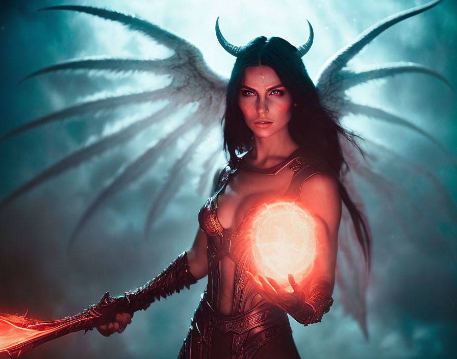 Dark-haired woman with horns and wings holding orb and sword in misty setting