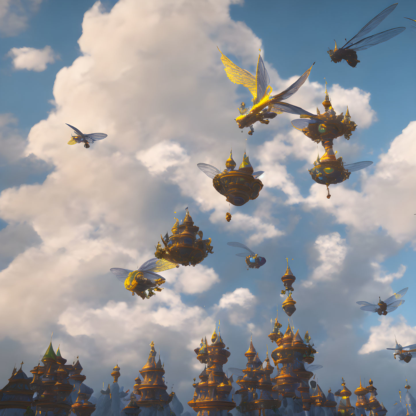 Bees with hive-like structures flying in cloudy sky